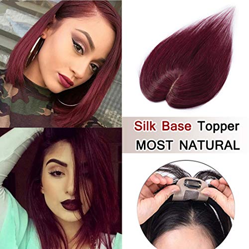 100% Density Top Hair Pieces Silk Base Crown Topper Human Hair Clip in Hair Toppers Top Hairpieces for Women with Thinning Hair Gray Hair/Hair Loss #99J Wine Red 10 inches 20g