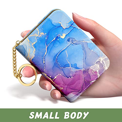 Image of Aiawoxc Credit Card Holder for Women, Small RFID Wallet Slim Leather Card Organizer Case with Zipper and Keychain, Purple Marble