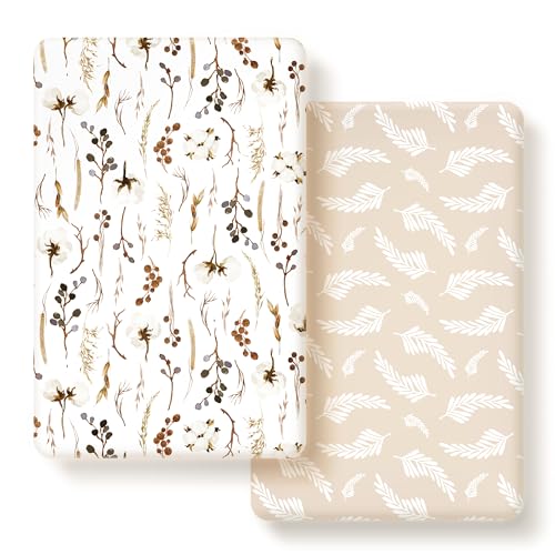 Image of GRSSDER Stretchy Ultra Soft Jersey Knit Fitted Pack n Play Sheets Set 2 Pack, Neutral Portable/Mini Cribs Sheets, Fit Playards Mattress Pads Safe and Snug, Stylish Pretty Flora for Baby, Beige