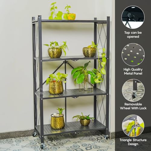 Image of Wooden Street Crisscross 4-Layer Foldable Storage Trolley with Wheels | Multipurpose Metal Rack for Home | Premium Rolling Cart Stand for Spices, Crockery & Planters | Durable & Space-Saving | Black