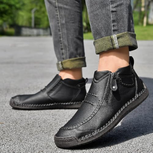 Men's Casual Handmade Leather Shoes, Mid-Cut Slip-On Loafers, Side Zipper Lightweight Driving Ankle Boots3