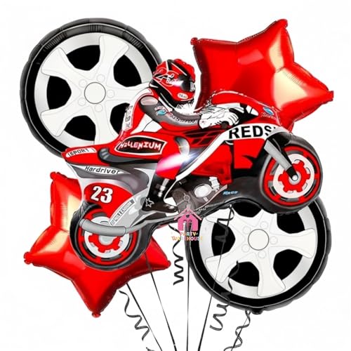 Image of Party Warehouse Racing Car Balloon Set for Birthday-5Pcs Race Theme Foil Balloons for Race Lovers|Tyre & Checkered Flag Balloons for Kids /Adults Party Decorations (Bike set)