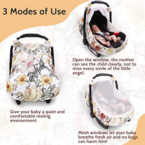 Image of Floral Baby Car Seat Cover for Girl,Infant Carseat Canopy Sun Cover,Baby Carrier Cover with Zipped Peep Windows and Breathable Mesh, Stretchy 3in1Multi-use Stroller Cover