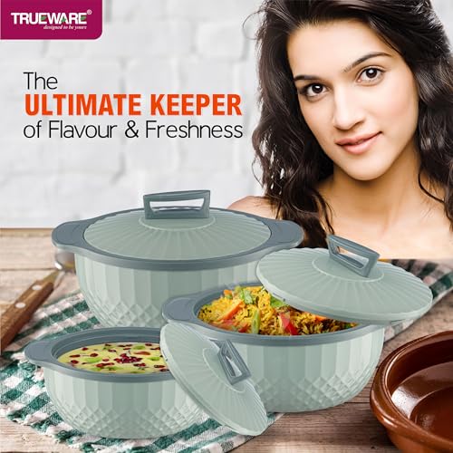 Image of Trueware Eternity Inner Steel Insulated 750, 1000 & 1500 ML Thermoware Casserole Set of 3 | BPA Free | Odour Proof | Food Grade | Easy to Carry | Serving | Curd Maker | Hot Pot (Green)