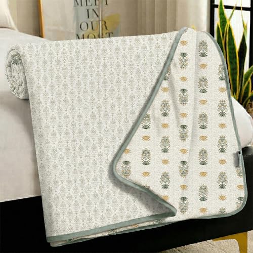 Image of Story@Home Dohar Single Bed Cover Cotton 100% | 150GSM 144 x 220 CM Quilt AC Blanket for Summer | AC Comforter Double Bed | White & Green, Motif Reversible Design Duvet | All-Season Blanket