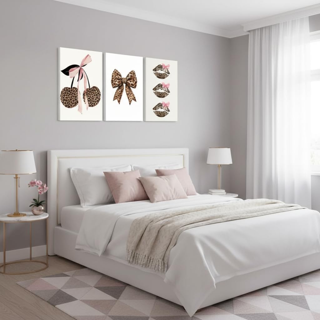3Pcs Trendy Leopard Print Canvas Wall Art,Fashion Bow Cherry Lips Y2k Poster Pictures,Stylish Preppy Aesthetics Girls' Rooms Wall Decor for Bedroom Dorm Apartment.12x16in Framed