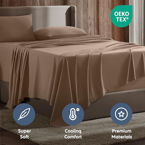 Image of Nestl Split King Bed Sheet Set - Taupe - 5-Piece Deep Pocket | Instantly Soft, Night-One Ready (No Wash Required). Fits 16-Inch Deep Pockets, 360-Degree Elastic Grip