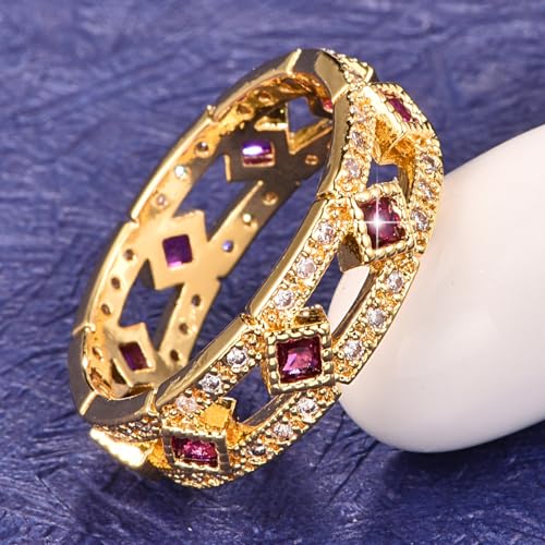 18K Gold Plated Rings for Women, Eternity Engagement Ring, Simulated Ruby Spinel Stacking Wedding Band Promise Ring for Her3