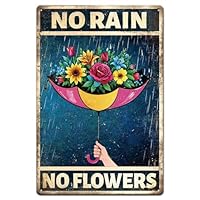 GLOBLELAND Umbrella Metal Tin Sign \"No Rain, No Flowers\" Vintage Painting Tin Signs 12x8inch Retro Wall Art Plaque Poster for Home Offices Bars Bedroom Parlor Decoration