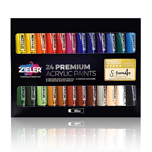 Ensemble de peinture acrylique de qualité supérieure (24 grands tubes de 22 ml) - de Zieler®. Pour le papier, la toile, le bois, la céramique, le textile et l’artisanat. Comprend un guide de démarrage