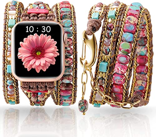 Handmade Boho Watch Band Compatible with Apple Watch 49MM 45MM 44MM 42MM 41MM 40MM 38MM Beaded Wrap Bracelet for iWatch Ultra, Series SE/9/8/7/6/5/4/3/2/1, Fancy Strap for Women