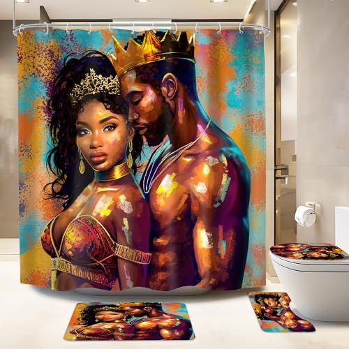 Mitpok 4 PCS African American Shower Curtain Set Black King Queen Bathroom Set African Girl Women Couple Bathroom Set Non-Slip Bath Rug Toilet Lid Cover U Shape Mat Bathtub Accessories with 12 Hooks