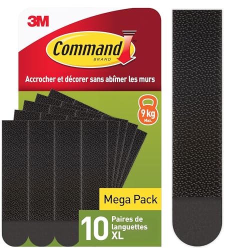 Command Languettes Accroches Tableaux, Très Grandes - 10 Paires (20 Languettes) Noir - Supporte jusqu'à 9 kg - Sans Outils - Fixation sans Dommages