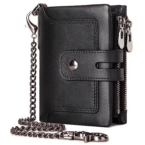 Wallet with Chain,Genuine Leather Purse RFID Blocking Bifold Double Zipper Coin Pocket with Anti-Theft Chain, Pickpocket Proof Chain Wallets for Men (Black)