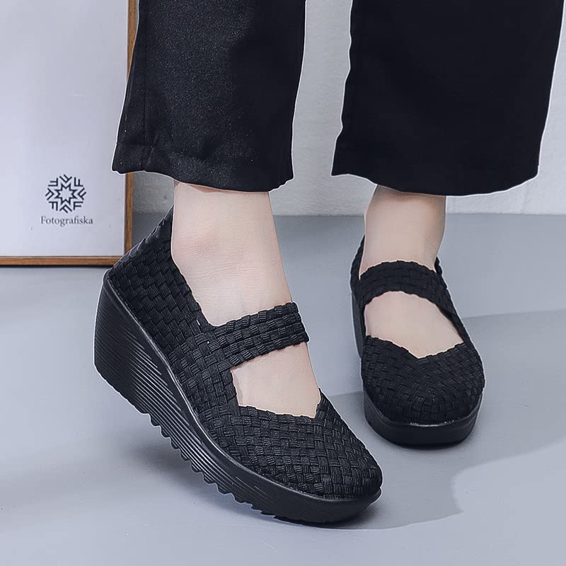 Veroders Women's Woven Elastic Platform Sandals Platform Wedge Sandals for Women Slip-On Wedge Woven Pumps Shoes 889 Black 414