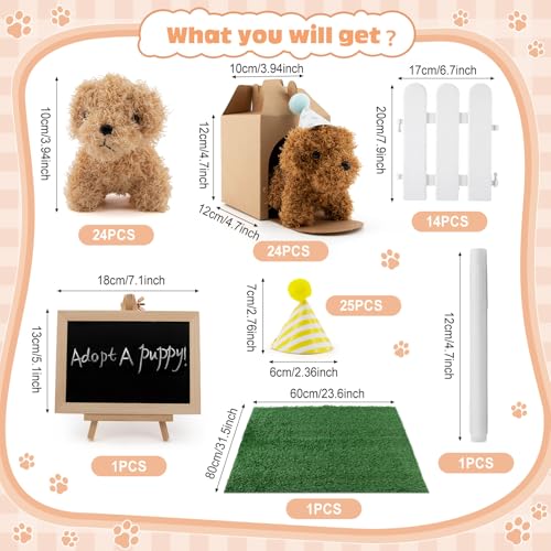 56Pcs Adopt A Puppy Party Favors Mini Plush Stuffed Animals Set Includes 14 Mini Dogs, Birthday Hats, White Plastic Fence with Artificial Lawn for Adopt A Pet Theme Birthday Party