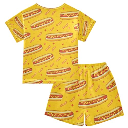 ALAZA Hotdog Yellow Pajamas Set Short Sleeve Cotton Sleepwear Summer Pjs 2 Piece 5-14Y2