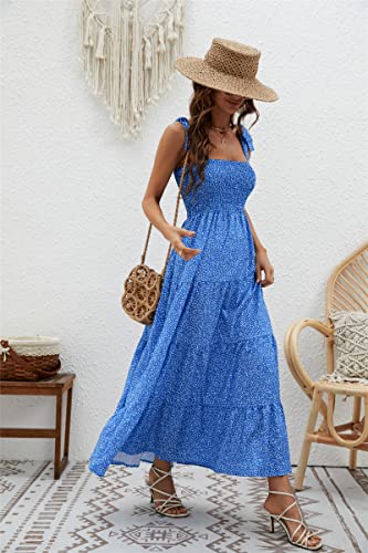 Image of kinstell Women's Summer Boho Spaghetti Strap Square Neck Ruffle Casual Flowy Long Dress Beach Swing Party Maxi Dress
