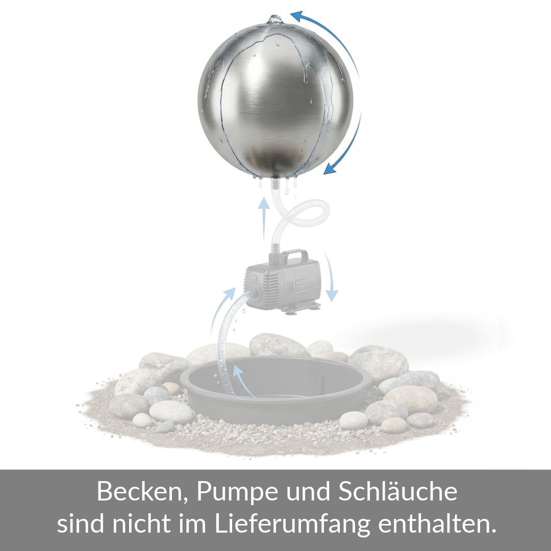 Kugelbrunnen aus matt gebürstetem Edelstahl D: 38 cm – Edelstahlkugel matt für Gartenbrunnen, Wasserspiel Garten, 30 mm Lochbohrung, 1/2 Zoll Schlauchanschluss, Edelstahlbrunnen für DIY Brunnenanlagen