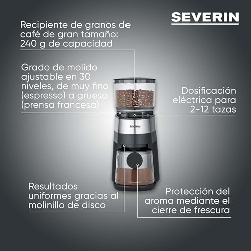 Miniatura 2 de Severin Molinillo De Café Eléctrico De Disco Que Conserva El Aroma, Dosis Ajustable, Ajuste Del Grado De Molienda En 30 Pasos, Recipiente Para Café Extraíble, 140 W, Acero Inoxidable, Km 3880