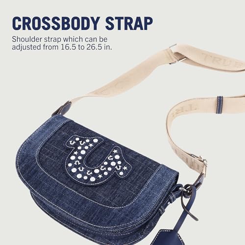 True Religion Women's Crossbody Bag, Denim Mini Flap Shoulder Handbag Purse with Studded Horseshoe, Dark Denim4