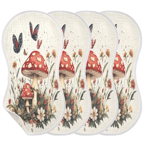 JUZIHAI 4Pack Vintage Mushrooms Baby Burp Cloths Soft Cotton Burp Rags,Super Absorbent Burp Cloth Bag for Newborn Baby Boys/Girls3