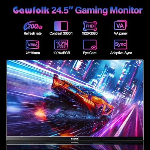 Gawfolk 24 Inch Gaming Monitor, 200hz Computer Monitor, FHD 1080P PC Monitors, 24.5" Frameless Monitors VA,sRGB 100%, DisplayPort, HDMI,Eye Care, Wall-Mounted 75 * 75mm Compatible - Image 4