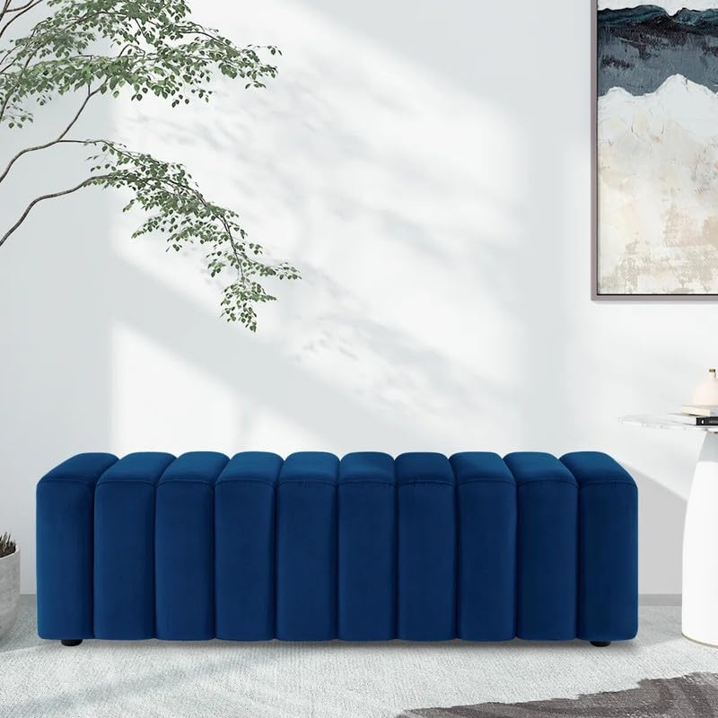 FRIENDS LIFE Wide Waiting Room Bench, Guest Reception Ottoman Bench, Velvet Fabrics Multipurpose Settee for Living Room Casual Rectangular Standard Color Blue