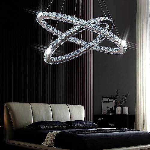 Finktonglan Lustre moderne en cristal, lustre LED avec télécommande, plafonnier ovale, 2 anneaux, 56CM 32CM, suspension pour salon, salle à manger (lumière...