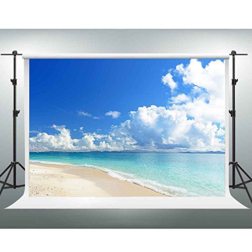 Tropical Beach Backdrop GESEN 10X7ft Summer Blue Sky White Clouds Sandy Beach Photography Background Customized Photo Background Studio Props Interior Mural LXGE017