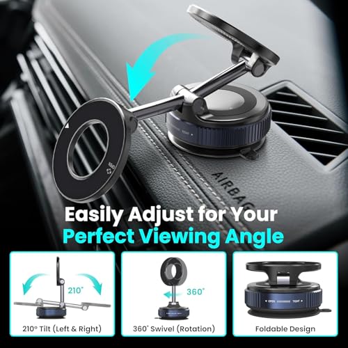 Image of Eliane Universal 360 Magnetic Car Phone Holder - Suction Cup Mount, Hands-Free Phone Stand for Car, Gym, Mirror, Shower - Compatible with All Smartphones (Extended Vacuum Magnetic Mount)