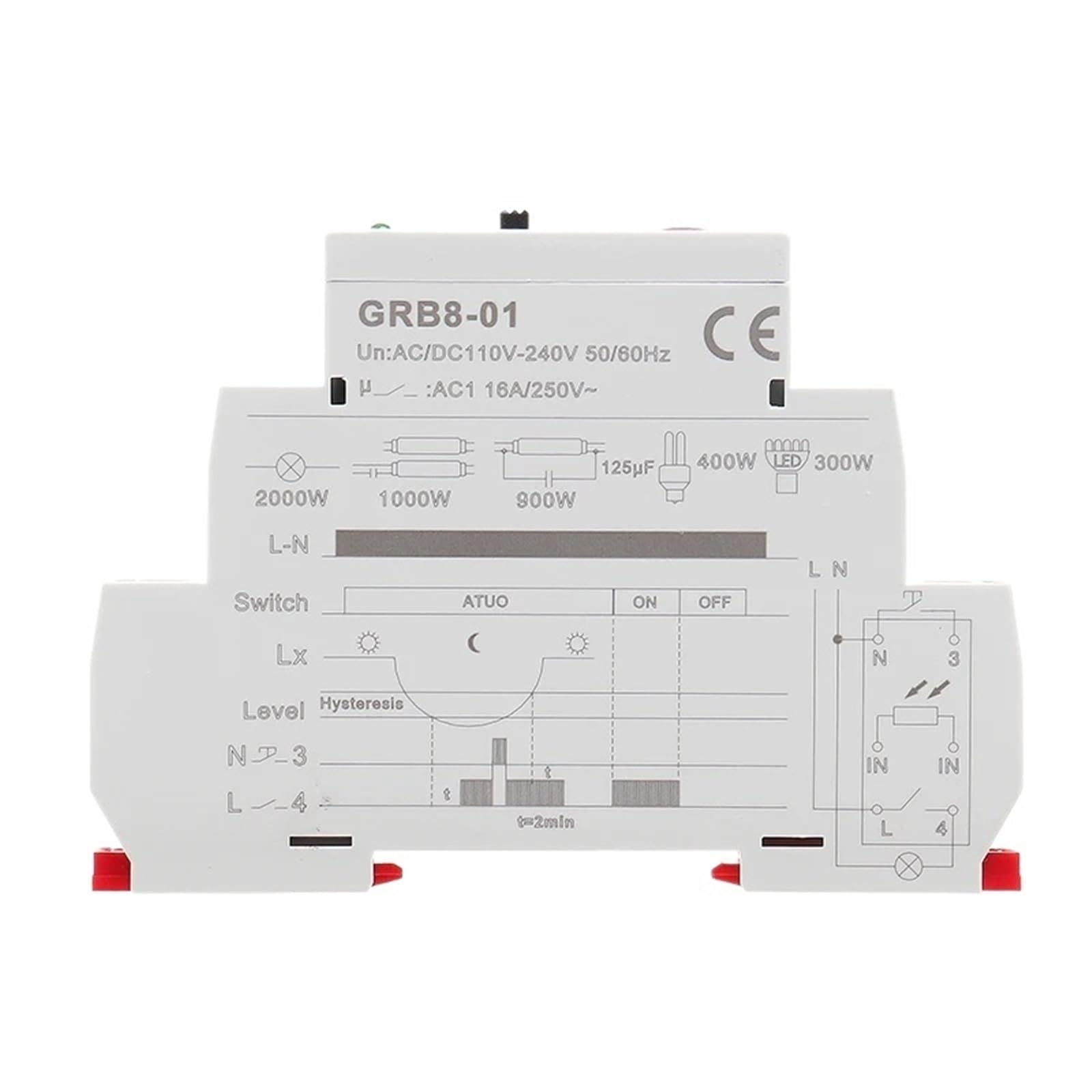 GRB8-01/02 Interruptor crepuscular de riel DIN, temporizador, sensor de luz, relé, CA 110 V-240 V, encendido y apagado automático(GRB8-02 AC110-240V)