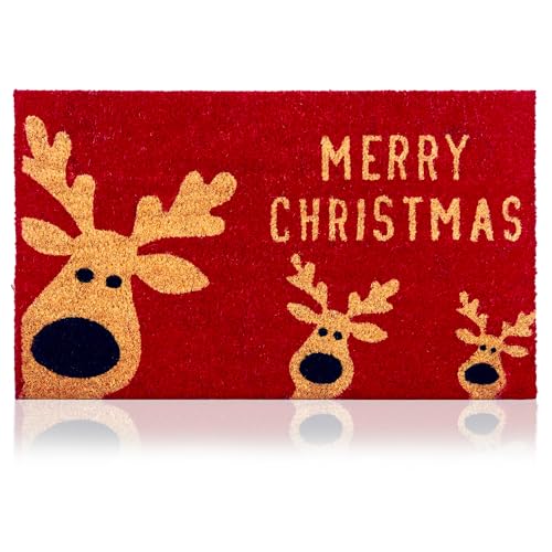 Image of Christmas Reindeer - 17"x29" - Coir Door Mat with Heavy Duty Backing - Welcome Mats for Entryway, Porch - Anti-Slip PVC & Coconut Fiber Surface - Natural Home Accessories, Minimalist Original Design