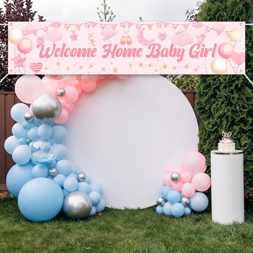 Image of Welcome Home Baby Girl Yard Banner, Girls Baby Shower Decorations Banner, Large Fabric Gender Reveal Yard Sign, Newborn Party Decoration Supplies for Girls