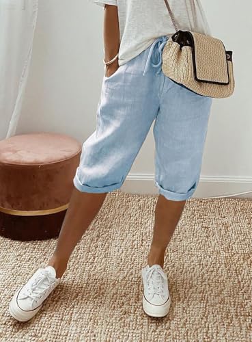 Women's Summer Casual Capris Pants Plus Size Drawstring Elastic Waist Rolled Hem Cropped Pants with Pockets2