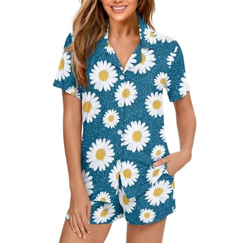 Image of Pjs Womens Short Sleeve Button Down Pajamas Set Two-Piece Nightwear with Pockets