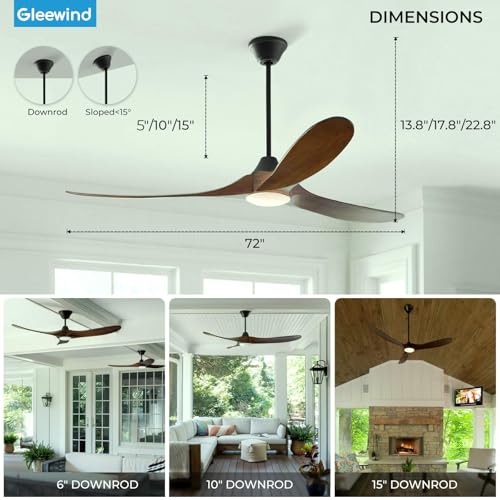 Image of 72 inch Outdoor Ceiling Fan with Lights-Glass Lamp, Large Damp Rated Wood Propeller Blades for Big Patios & Porch, Smart APP and Remote Control, 3 Blades Dimmable LED Ceiling Fans, High CFM-Walnut