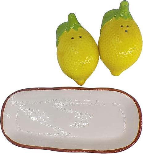 Miniatura 3 de First of a Kind Salero y pimentero de cerámica – Juego de salero y pimentero en forma de limón de 7 pulgadas con bandeja, salero de limón de gres