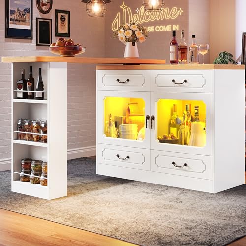 LAKFEW Mesa de bar Extensible Giratorio para Salón y Comedor, Barra Cocina con Luz LED y Almacenaje, Mueble Auxiliar Barra Bar Mesa Alta con 2 Puertas y 4 Cajones, 135(203)x39x92.8 cm, Blanco+Natural