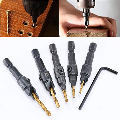 HOHXEN 5 piezas Juego de Brocas de Avellanado (Vástago Hexagonal de 6,35 mm) con una llave hexagonal en forma de L de 1 pieza, broca de avellanado de carpintería # 5, 6, 8, 10, 12 Cover