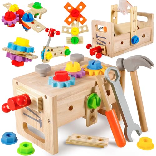 FAMKEEP Caja Herramientas Juguetes Niños,29 Piezas Juguetes Montessori Juegos Educativos,Juguetes de Madera Cumpleaños Navidad Regalo para Niños Niñas 2 3 4 5 Años