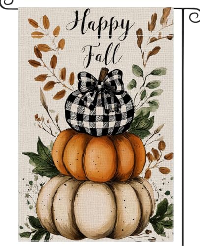 Happy Fall Garden Flag Pumpkin Welcome Small Flags for Outside, 12x18 Inch Buffalo Plaid Double Sided Burlap Autumn Harvest Outdoor Yard Decoration