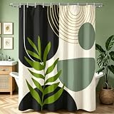 Lerores Duschvorhang 180x200 cm Grün Schwarz, Beschwerter Saum Antischimmel, Wasserabweisend, Waschbar Polyester Badevorhänge mit 12 Ösen und Duschvorhangringen für Badezimmer, Badewanne