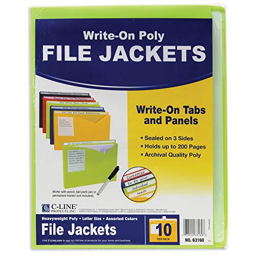 C-Line-Write-on-Poly-File-Jackets-Lime-Green-Amber-Orange-Steel-Blue-Pack-of-10