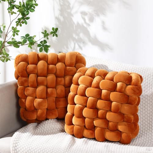 Image of Wenqik 2 Pcs Knot Pillow Soft Throw Pillow Home Decoration Cushion Square Office Knotted Plush Throw Pillow Cushion for Living Room Bedroom Sofa Couch Living Room Decor, 12'' x 13''(Caramel)