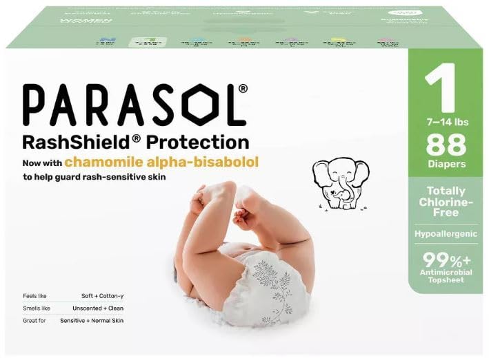 New Parasols Chlorine-Free Premium Diapers with RashShield Protection Size 1 88 Count 2 Pack of 44 Diapers