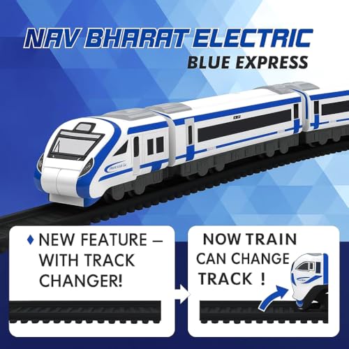 Image of Toy Train Vande Bharat Bullet Train Set for Kids - Big Size Battery Operated Electric Locomotive Toy with Interlocking Railway Tracks, Coaches, Track Changer - Nav Bharat Express Blue