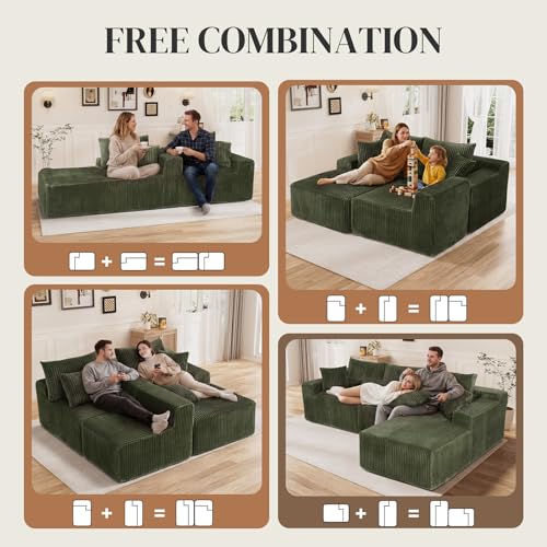 Image of 110 inch L Shaped Cloud Boneless Sectional Couches for Living Room, Modern Comfy Modular Deep Seat Memory Foam Compressed Corduroy Sofa Oversized Right Facing Chaise, No Assembly Required, Green