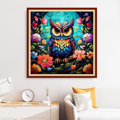 Image of Disxvivy Cross Stitch Stamped Full Embroidery Kits DIY 11CT Cotton Thread Printed DIY Needlepoint Kits Craft Needlework Set Cross-Stitch Stamped Sets-Colorful Owl 18x18 inch