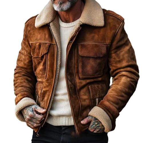 Men's Suede Leather Sherpa Jacket, Brown Winter Bomber Coat with Fleece Collar, Zip Front (US, Alpha, 3X-Large, Regular, Regular, Brown)